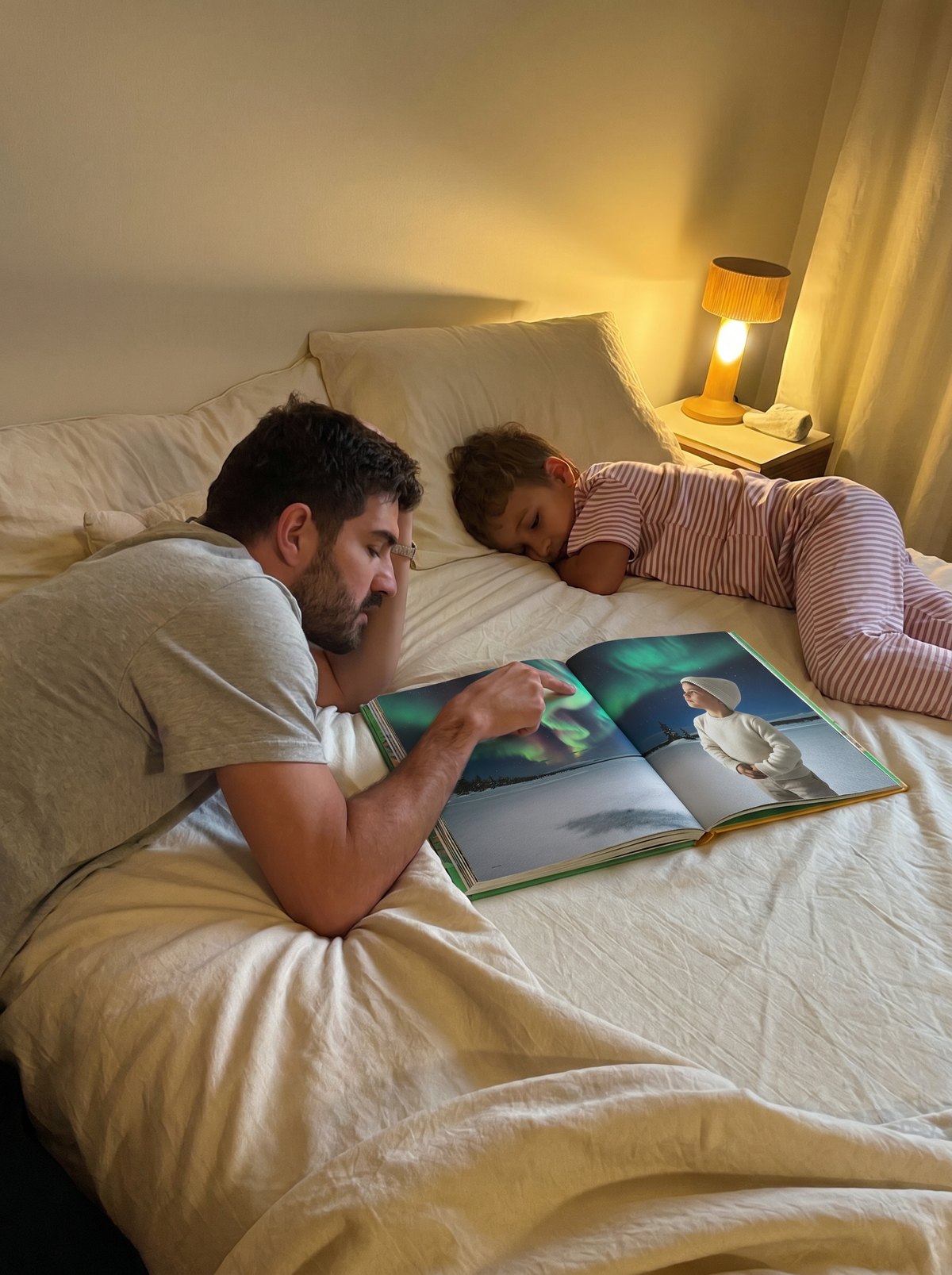 Un papa lit le livre Storylunia a son fils avant le coucher