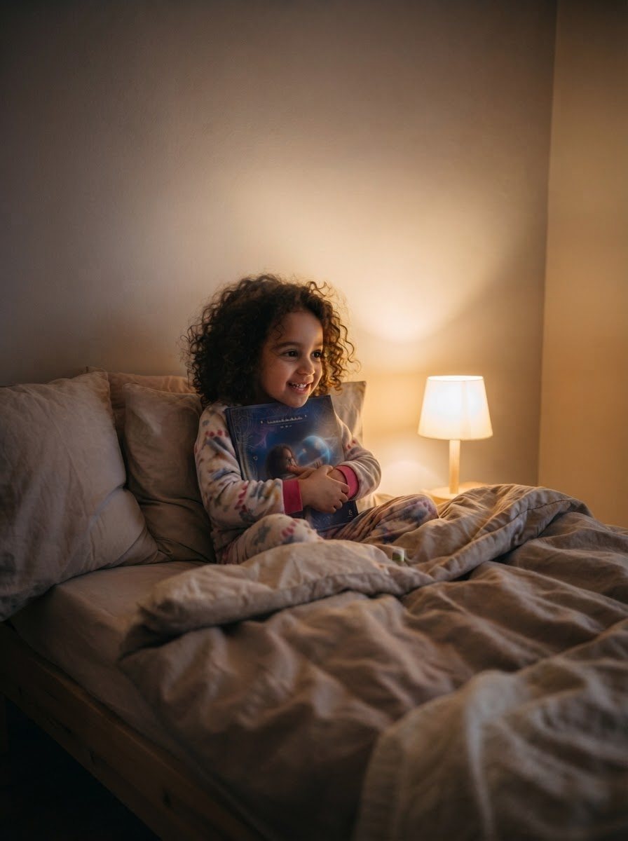 Une enfant serre son livre dans son lit