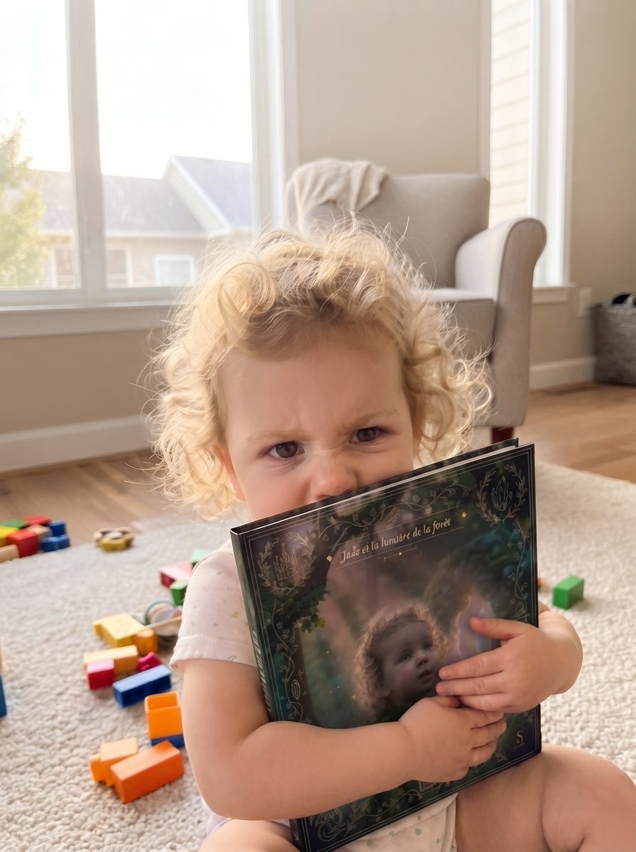 Une toute petite fille fait un câlin à son livre