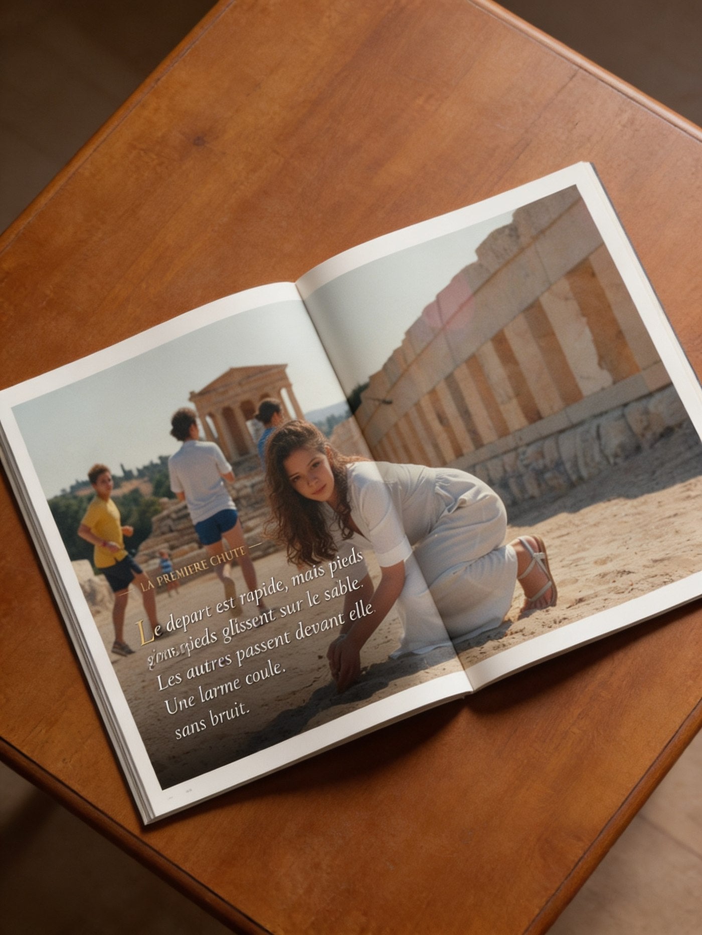 Livre Storylunia ouvert sur la table en bois : double page interieure photo-realiste avec Zineb devant un temple antique